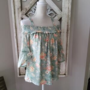 Absolutely Famous Women's Off Shoulder Floral Smocked Flowy Blouse Top in Sage